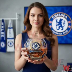 Woman holding Chelsea FC anniversary crystal glass in club themed room!