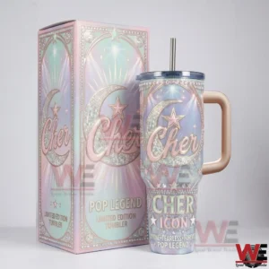 Cher themed pastel tumbler with handle and straw displayed next to a matching decorative box on a neutral background!
