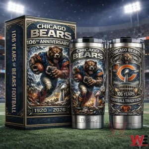 Chicago Bears 106th anniversary tumbler set with two stainless tumblers and a matching gift box displayed on a football field in a stadium!