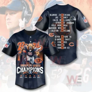 Front and back view of a navy Chicago Bears baseball jersey with a roaring bear football player graphic and text reading 2025 NFC North Champions plus a back panel listing player names and Bears logos with NFL sleeve patches!