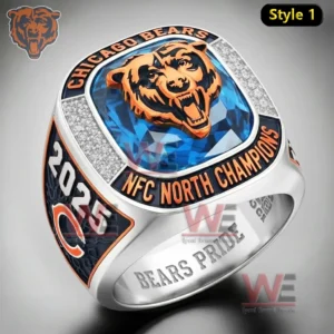 Silver Chicago Bears championship ring with a large blue gemstone top orange bear head emblem NFC North Champions text 2025 side details and Bears Pride engraving inside!