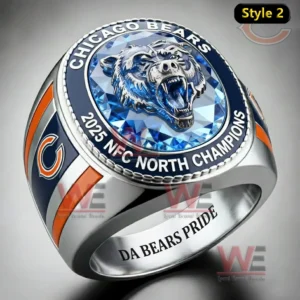 Silver Chicago Bears championship ring with circular blue gemstone top roaring bear head centerpiece 2025 NFC North Champions lettering navy orange side accents and Da Bears Pride engraving inside!