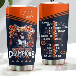 Navy and orange Chicago Bears 2025 NFC North Champions tumbler shown front and back with bear player artwork championship text and roster style name list design!