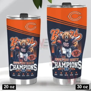 Chicago Bears 2025 NFC North Champions tumblers in 20 oz and 30 oz sizes displayed together with matching bear player artwork and orange top band!