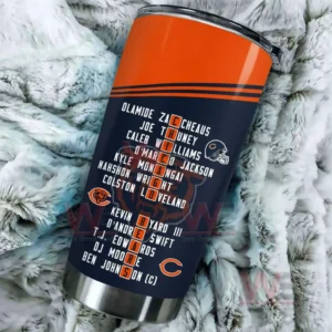 Back view of a navy and orange Chicago Bears tumbler showing a roster list of player names with highlighted team letters and small helmet graphic!
