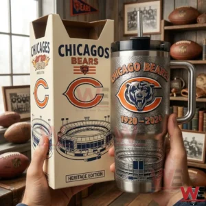 Chicago Bears Heritage Edition tumbler with handle and straw beside matching box featuring team logo years 1920 2026 and stadium artwork in a sports memorabilia room.