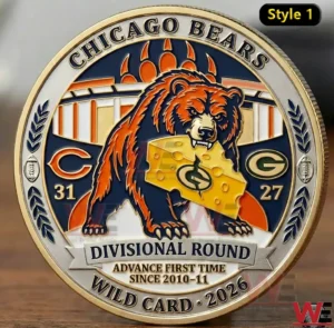 A Chicago Bears commemorative coin with a bear holding cheese displayed on a flat surface showcasing team branding and playoff achievement details!