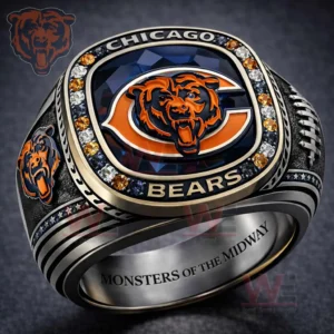 Close up of a Chicago Bears themed ring with bear head logo gemstone border Chicago Bears text side bear emblems and Monsters of the Midway engraving inside the band