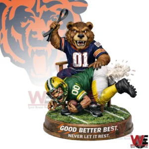 A sculpted bear mascot in a blue jersey holding a strap sits on a chair pressing down a green and yellow football player on a round grass base with a bold motivational phrase!