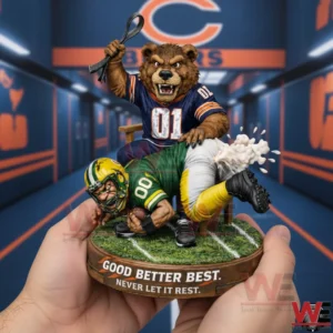 Hands holding a detailed sports figurine of a bear mascot sitting on a chair overpowering a football player with a stadium hallway behind!