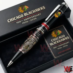 Luxury black commemorative pen in a presentation box with Chicago Blackhawks anniversary branding and detailed metallic design!