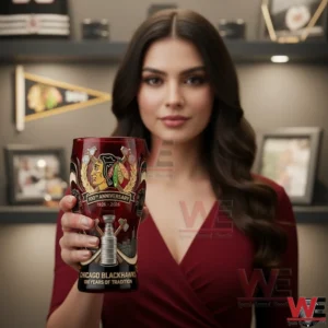 Model holding a Chicago Blackhawks beer glass with a one hundred year commemorative design!