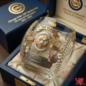 Chicago Cubs one hundred fifty year anniversary whiskey glass with gold engraved baseball and stadium details presented in a blue luxury gift box!