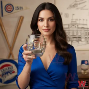 Chicago Cubs 150 Years 1976-2026 Baseball Whiskey Glass 3 Woman holding a Chicago Cubs one hundred fifty year anniversary whiskey glass with detailed gold engravings and baseball themed decor in the background!