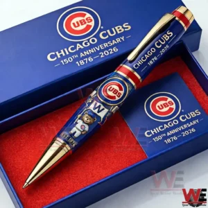 Chicago Cubs one hundred fiftieth anniversary ballpoint pen in a presentation box featuring the Cubs logo anniversary text and detailed mascot and emblem artwork.