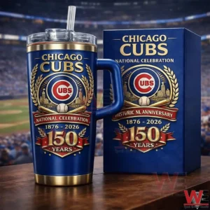 Navy blue Chicago Cubs 150 years tumbler with straw and matching commemorative gift box displayed on a wooden table in front of a baseball stadium background!