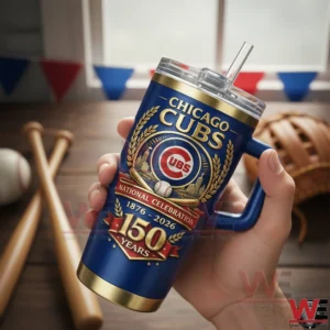 Chicago Cubs 150th Anniversary National Celebration Tumbler 3 Person holding a navy blue Chicago Cubs 150 years tumbler with straw in a baseball themed room with bats ball glove and festive bunting!