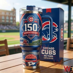 Chicago Cubs 150th anniversary tumbler with bold blue graphics and matching gift box on a wooden table near a baseball field!
