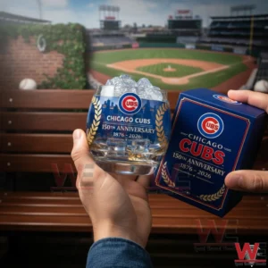 Hand holding a Chicago Cubs commemorative whiskey glass with ice next to a matching blue anniversary box in front of a baseball stadium.