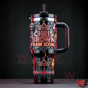 Chris Brown themed black and red tumbler with handle and straw featuring crown lightning and microphone details!