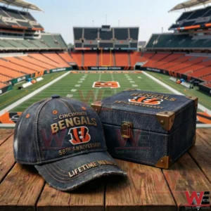 Cincinnati Bengals 58th anniversary cap and collector box displayed on a wooden surface inside a football stadium!