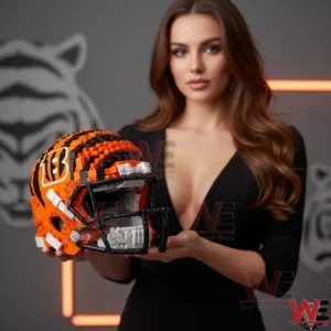 A woman in a studio holds an orange and black football helmet made from building blocks featuring a tiger stripe design and professional helmet shape!