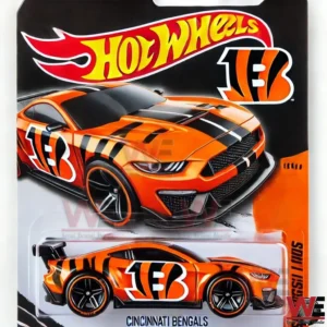Close up of a Cincinnati Bengals themed Hot Wheels car in its packaging!