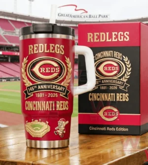 Red Cincinnati Reds Redlegs tumbler with white handle and straw next to a matching 145th anniversary gift box with laurel wreath logo and stadium background