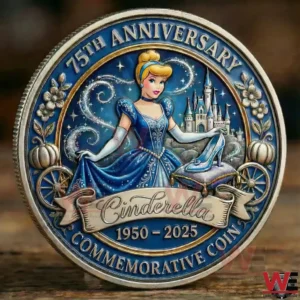 A Cinderella seventy fifth anniversary commemorative coin with a blue dress castle background and the years nineteen fifty to two thousand twenty five!