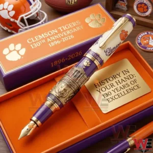 A detailed view of a Clemson Tigers commemorative pen placed in a presentation box highlighting craftsmanship and heritage!