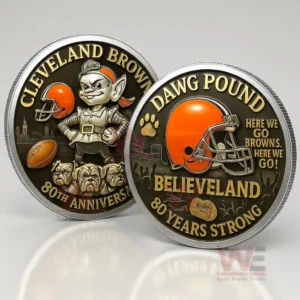 Two sided Cleveland Browns 80th anniversary coin showing mascot bulldogs football helmet and phrases Dawg Pound Believeland and Here We Go Browns Here We Go on a dark background!