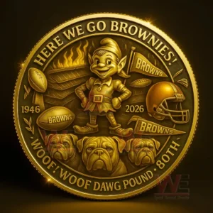 Gold Cleveland Browns commemorative coin with Here We Go Brownies text mascot bulldogs helmet football and years 1946 and 2026 on a dark glowing background!