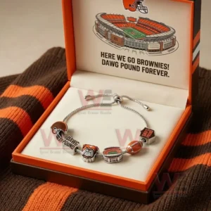 Gift boxed Cleveland Browns adjustable charm bracelet inside an orange box with stadium graphic and Here We Go Brownies Dawg Pound Forever text.