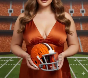 Woman holding an orange football helmet made of building blocks on a football field background!