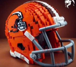 Close up of an orange football helmet made from building blocks on a dark background!