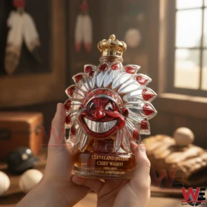 A person holding a Cleveland Indians Chief Wahoo style whiskey bottle with a crown stopper placed against a softly lit classic interior!