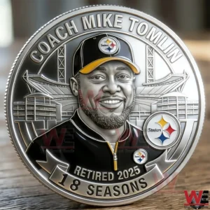 Close up view of a commemorative coin showing Coach Mike Tomlin portrait with retirement text and stadium design details!