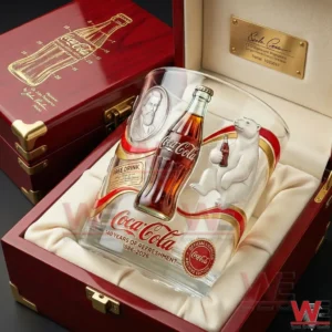 CocaCola commemorative glass displayed inside a luxury wooden gift box!