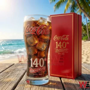 A commemorative Coca Cola glass with ice and dark soda standing on a seaside table next to a red anniversary box!