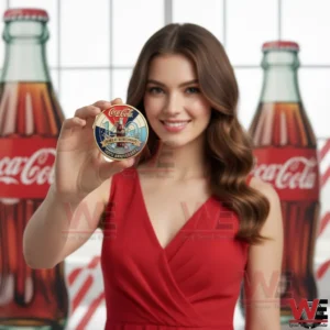 Woman holding a commemorative beverage brand coin in front of classic soda bottles!