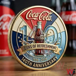 Close up of a refreshment themed commemorative coin with classic bottle design!