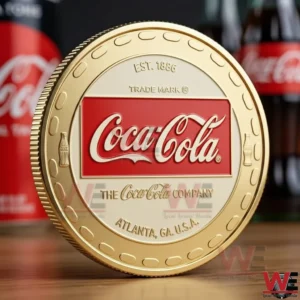 Back view of a branded commemorative beverage coin on a wooden surface!