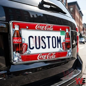 Rear of a black car with a Coca Cola custom license plate reading CUSTOM surrounded by red Coca Cola logos bottles and ice cubes in a chrome frame!