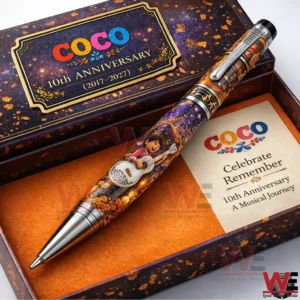 Decorative anniversary pen with colorful artwork displayed inside an elegant themed box designed to honor a musical animated story!