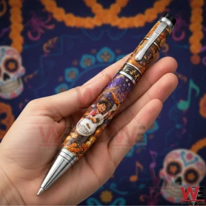 Hand holding an ornate collectible pen with detailed colorful artwork inspired by a musical animated story!