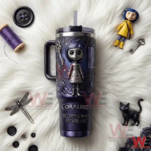 Coraline themed tumbler with doll character button eyes handle lid straw and decorative accessories displayed on a white fur background!