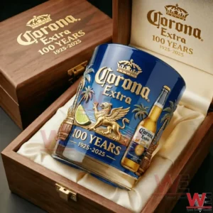 Commemorative beer brand glass displayed in a wooden gift box with detailed tropical artwork!