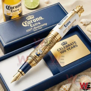 A commemorative Corona Extra fountain pen rests neatly in its box with sharp focus on craftsmanship and design!