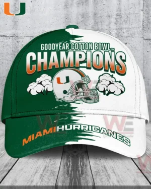 Green and white Miami Hurricanes Goodyear Cotton Bowl Champions cap with bold Champions text helmet graphic cotton icons and Miami Hurricanes lettering on the brim!