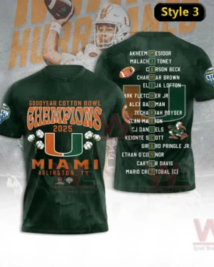 Front and back of a dark green Miami Hurricanes Goodyear Cotton Bowl Champions 2025 shirt with a large U logo Miami Arlington TX text and a back roster list of player names!